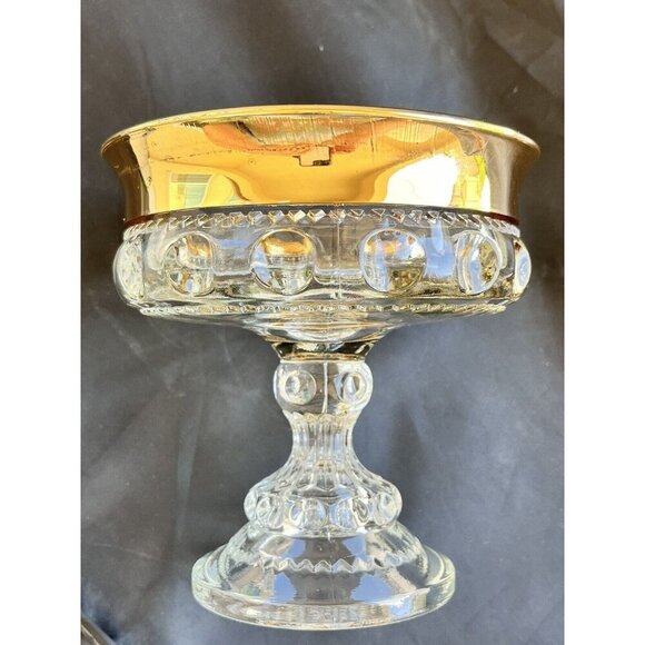 Vintage Indiana Glass Kings Crown Gold Rim Thumbprint Compote Serveware Dish - Picture 1 of 12